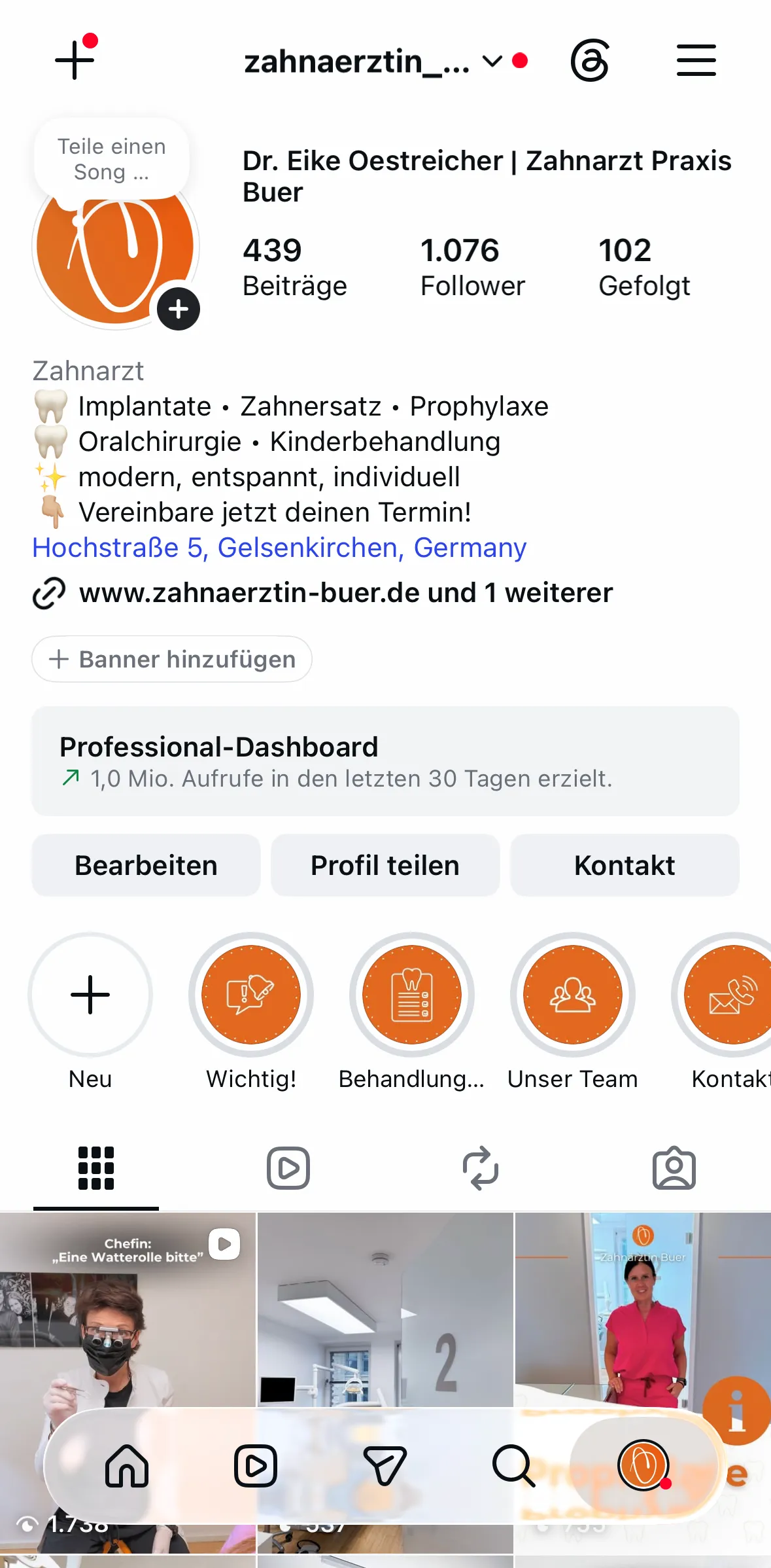 Instagram Profil der Zahnarztpraxis mit Fotos und Reels aus der Praxis