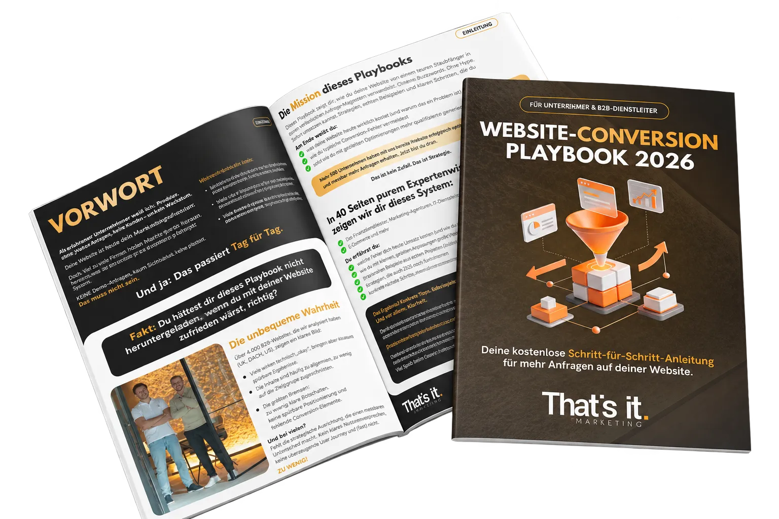 Mockup des Website Conversion Playbook, aufgeschlagen und als Cover