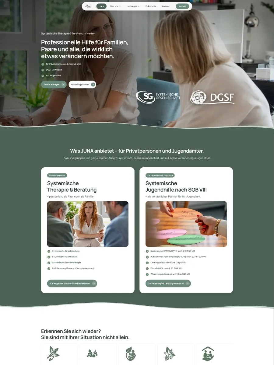 Neue Website von JUNA: großflächiges Foto aus einer echten Beratungssituation, darunter Leistungskarten mit weiteren eigenen Aufnahmen