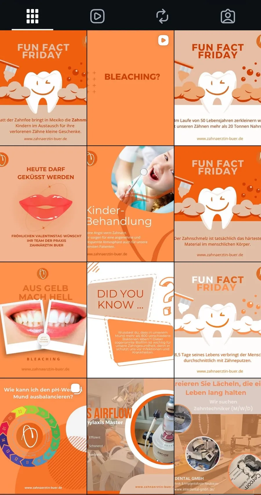 Instagram-Raster vorher: fast nur Grafiken mit Text in Orange, kaum echte Menschen