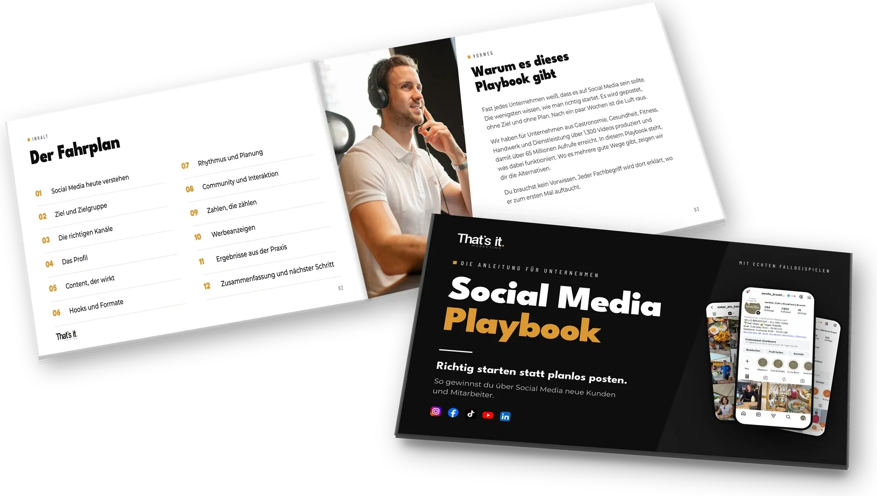 Mockup des Social Media Playbook, aufgeschlagen mit Inhaltsverzeichnis und als Cover